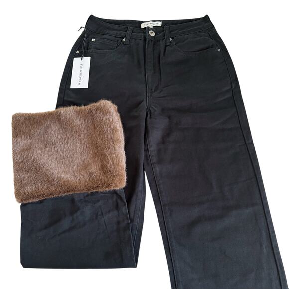 WeWoreWhat Revolve Retro Mobwife Faux Fur Straight Leg Black Jeans Size 25 NWT - Picture 2 of 10